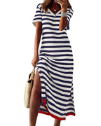 Danielle Abito Maxi Donna – Vestito Lungo a Righe Color Block con Maniche Corte e Spacco Laterale
