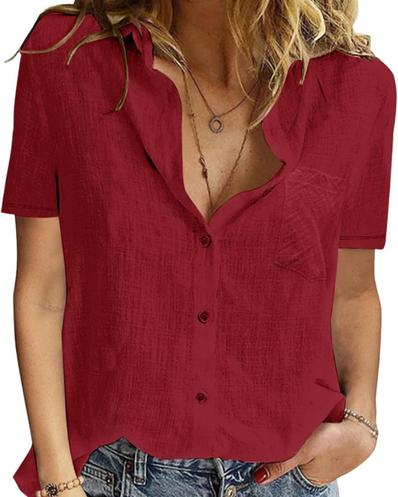 Mackenzie Chemisier pour femme – 100 % coton, col en V, manches courtes et boutons