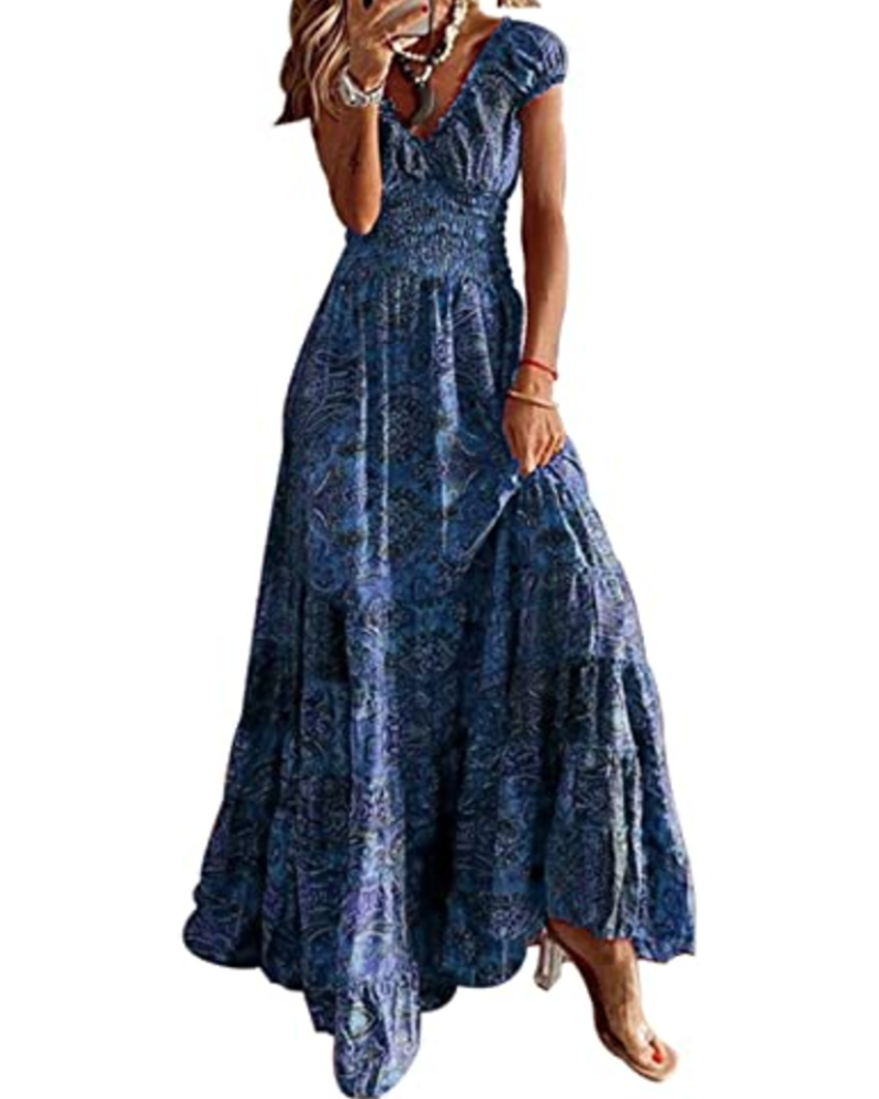 Keira Women's Maxi Dress – Boho Floral Print, V-Neck and Elasticated Waist