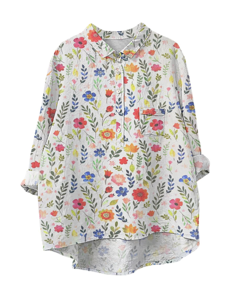 Cămașă de damă pentru persoane cu forme – Bumbac și in, imprimeu floral, nasturi și mâneci lungi