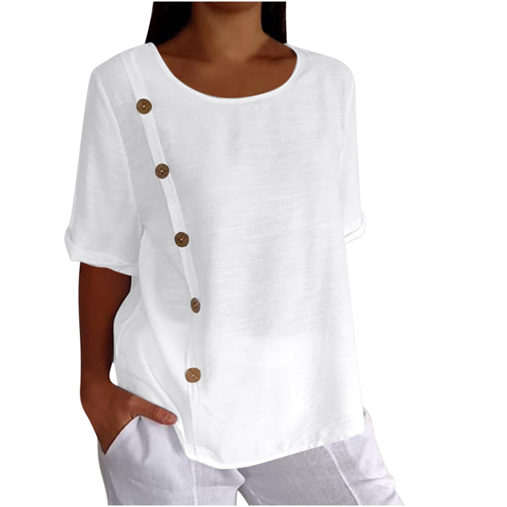Henrietta Women's Floral Blouse – Cotton-Linen Blend, Short Sleeves and Loose Fit