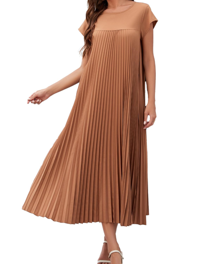 Kinley Women’s Maxi Dress – Pleated, Crew Neck, Solid Color, and Side Pockets