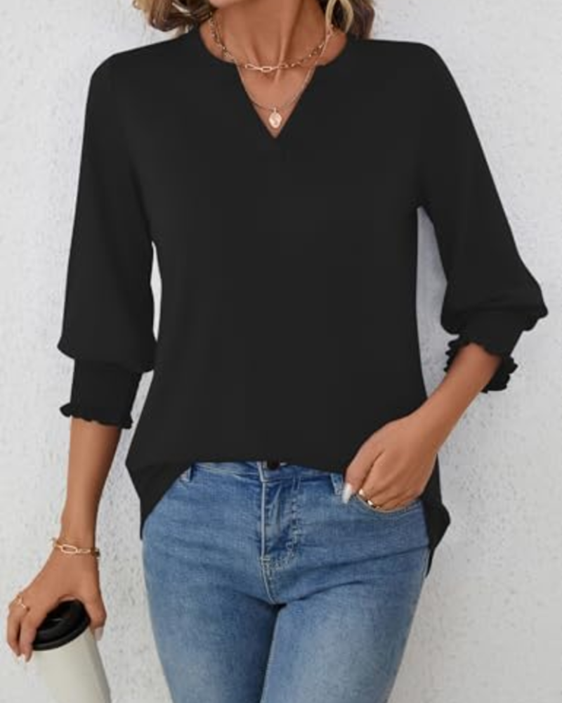 Tessa Camiseta de mujer – Escote en V, mangas 3/4 y corte babydoll holgado