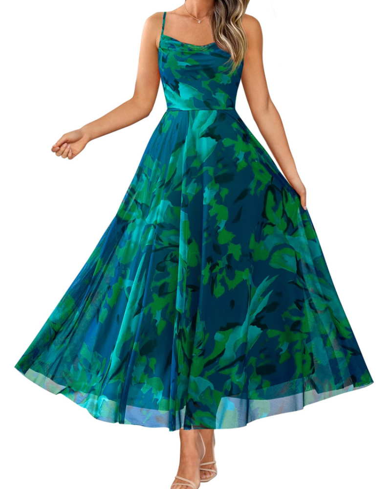 Sophia Abito Maxi Donna – Vestito Floreale in Mesh con Scollo Drappeggiato e Spalline