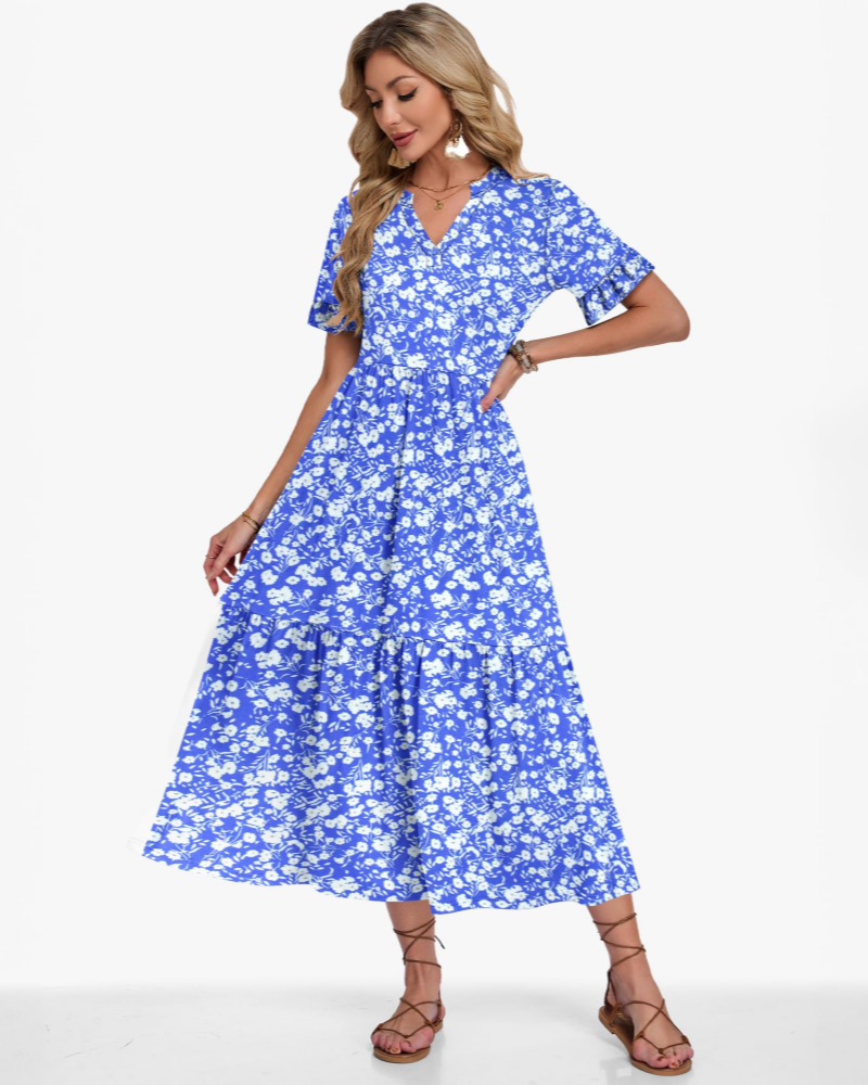 Tatum Women’s Long Dress – V-Neck, Ruffled Sleeves, Tiered Layers and Side Pockets