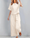 Πλήρες γυναικείο σετ Madeline από λινό και βαμβάκι – T-shirt και φαρδύ παντελόνι για καμπύλες