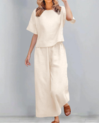 Πλήρες γυναικείο σετ Madeline από λινό και βαμβάκι – T-shirt και φαρδύ παντελόνι για καμπύλες