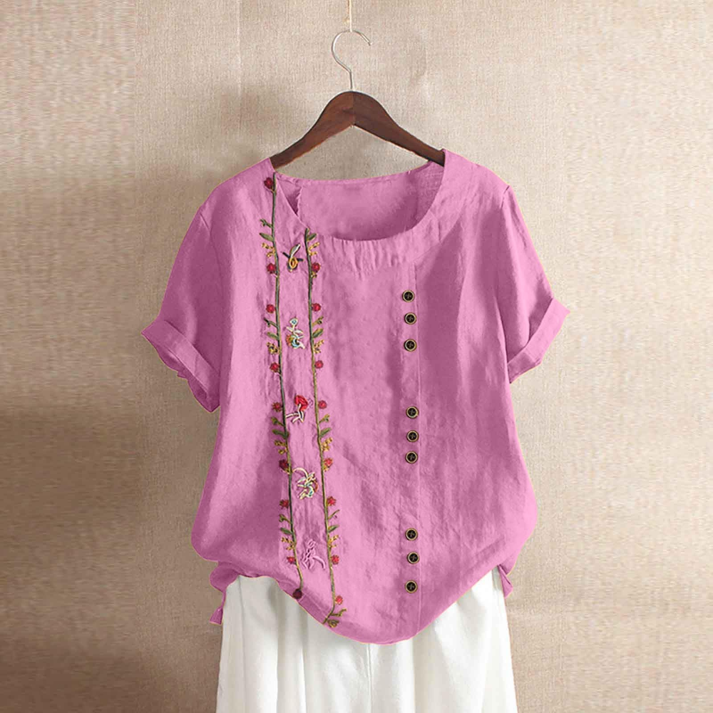 Tricou Rosalind pentru femei cu forme – imprimeu floral, mâneci scurte și croială lejeră