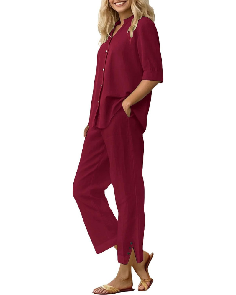 Estelle Completo Donna in Lino – T-Shirt e Pantaloni Larghi con Vita Elasticizzata