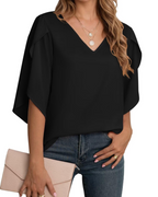 Cassidy damesbluse – chiffon, V-hals, 3/4-ermer med splitt og ensfarget design