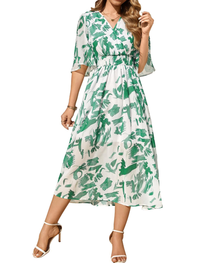 Vestido largo Cambria para mujer con estampado floral: escote en V, cintura elástica y mangas cortas