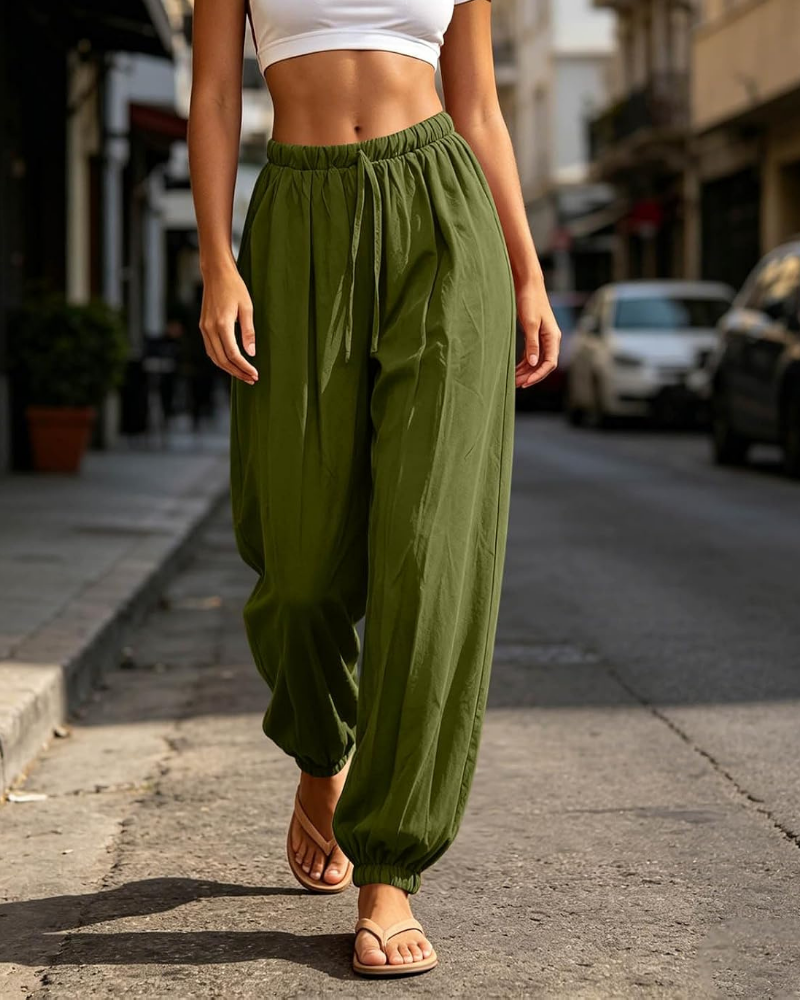 Nicole Pantaloni Harem Donna – Cotone Lino, Vita con Coulisse e Tasche Laterali
