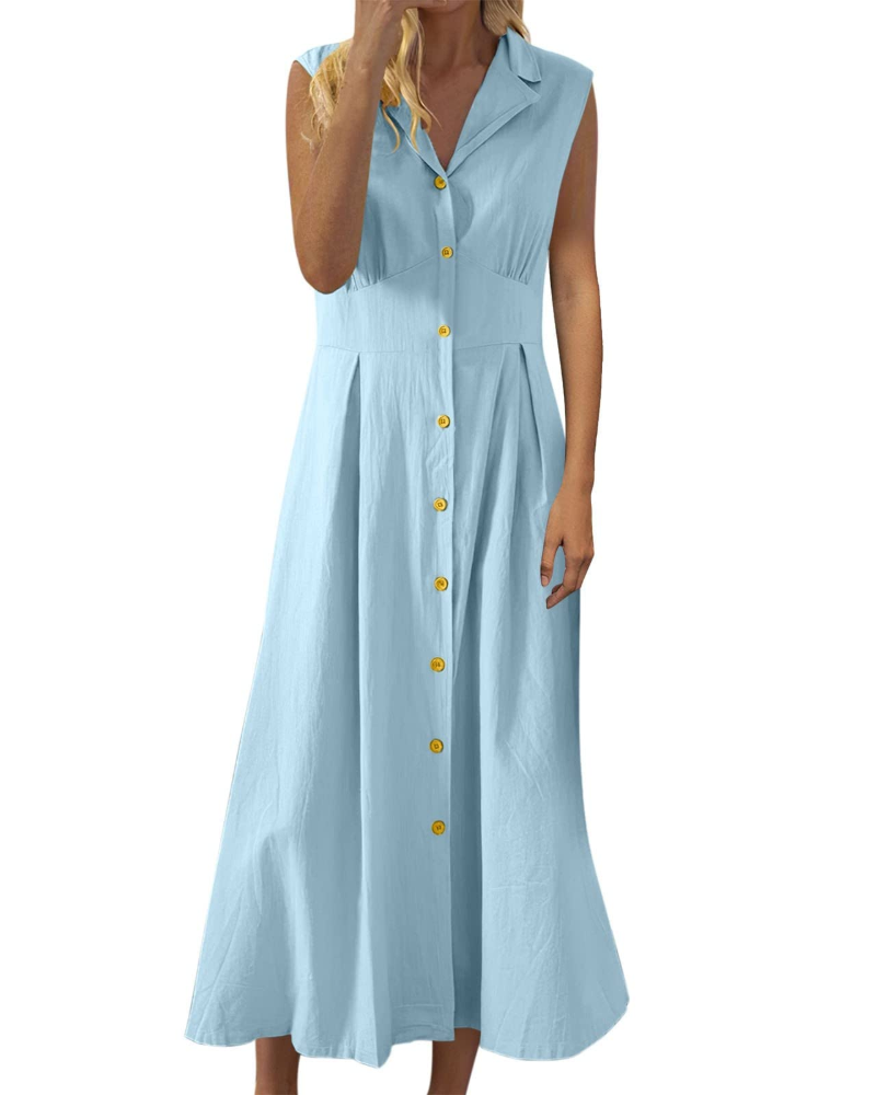 Women’s Summer Dress – Cotton and Linen, Sleeveless, Button-Down, Boho Style