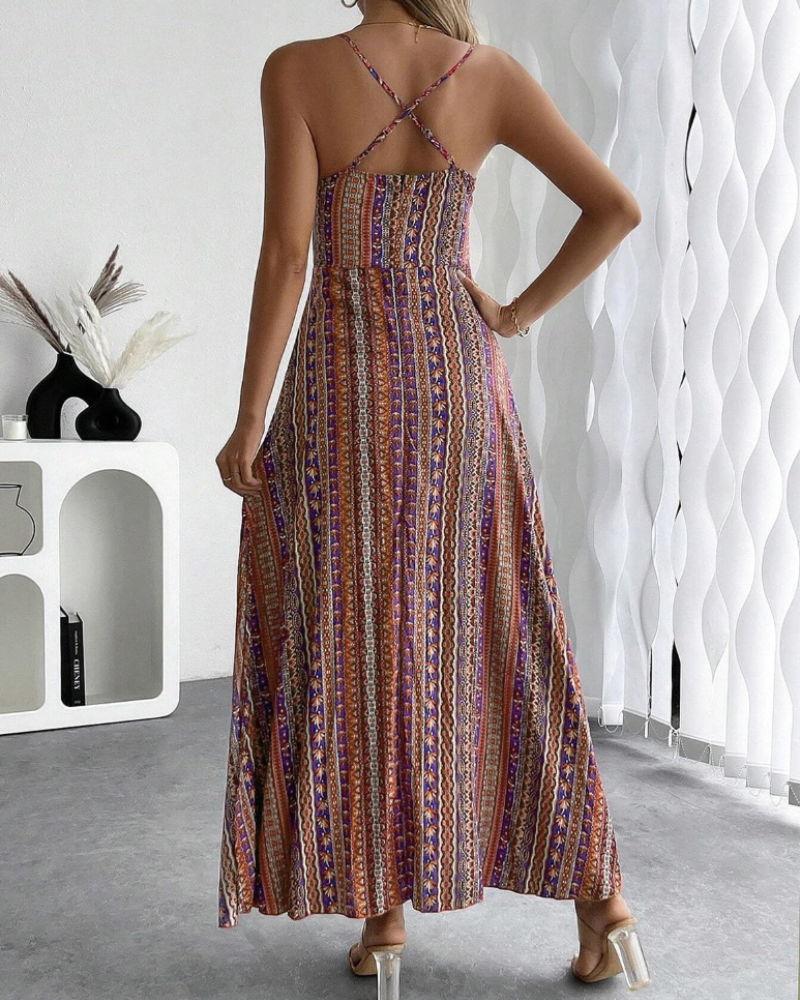 Maisie Women’s Maxi Dress – V-Neck, Boho Ethnic Print and Sleeveless Design