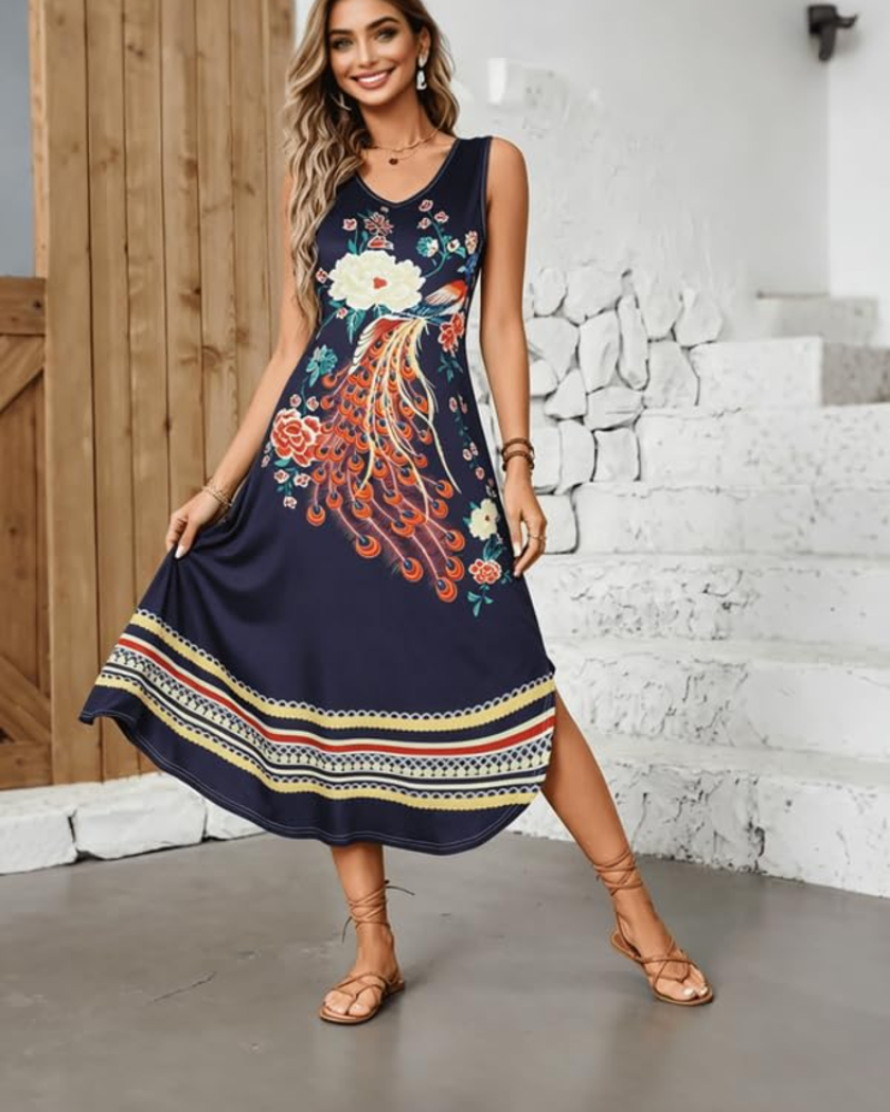 Emberly Women's Maxi Dress – Floral Peacock Print, V-Neck and A-Line Silhouette