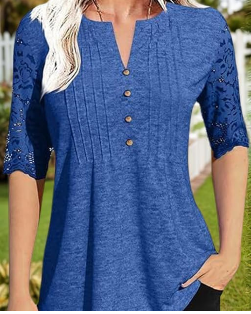 Megan Blusa Donna Estiva – Scollo a V, Pieghe, Bottoni e Dettagli in Pizzo