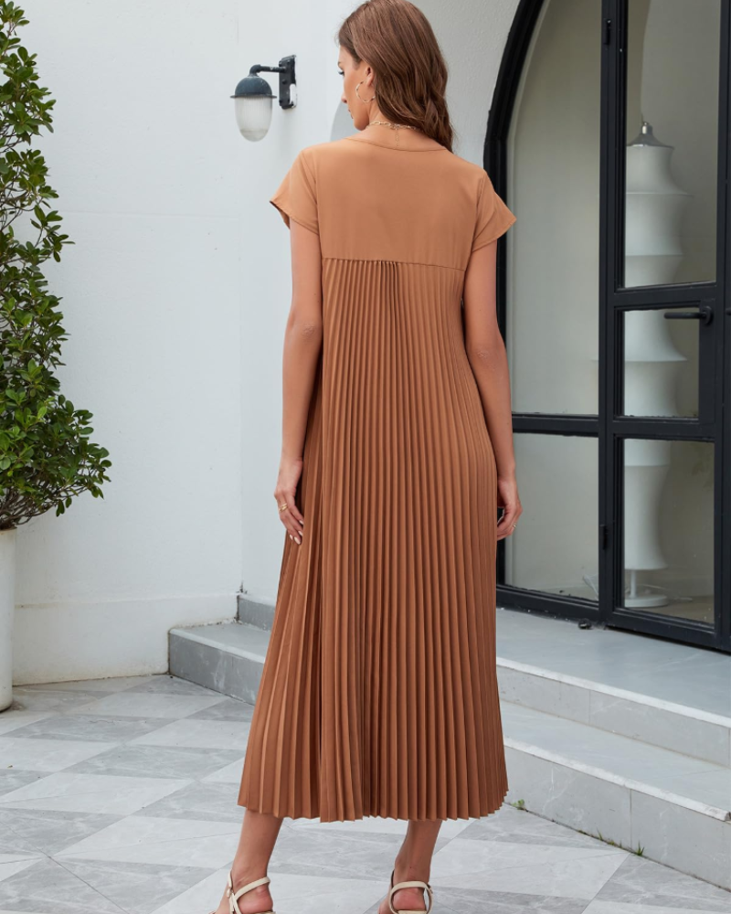 Kinley Women’s Maxi Dress – Pleated, Crew Neck, Solid Color, and Side Pockets