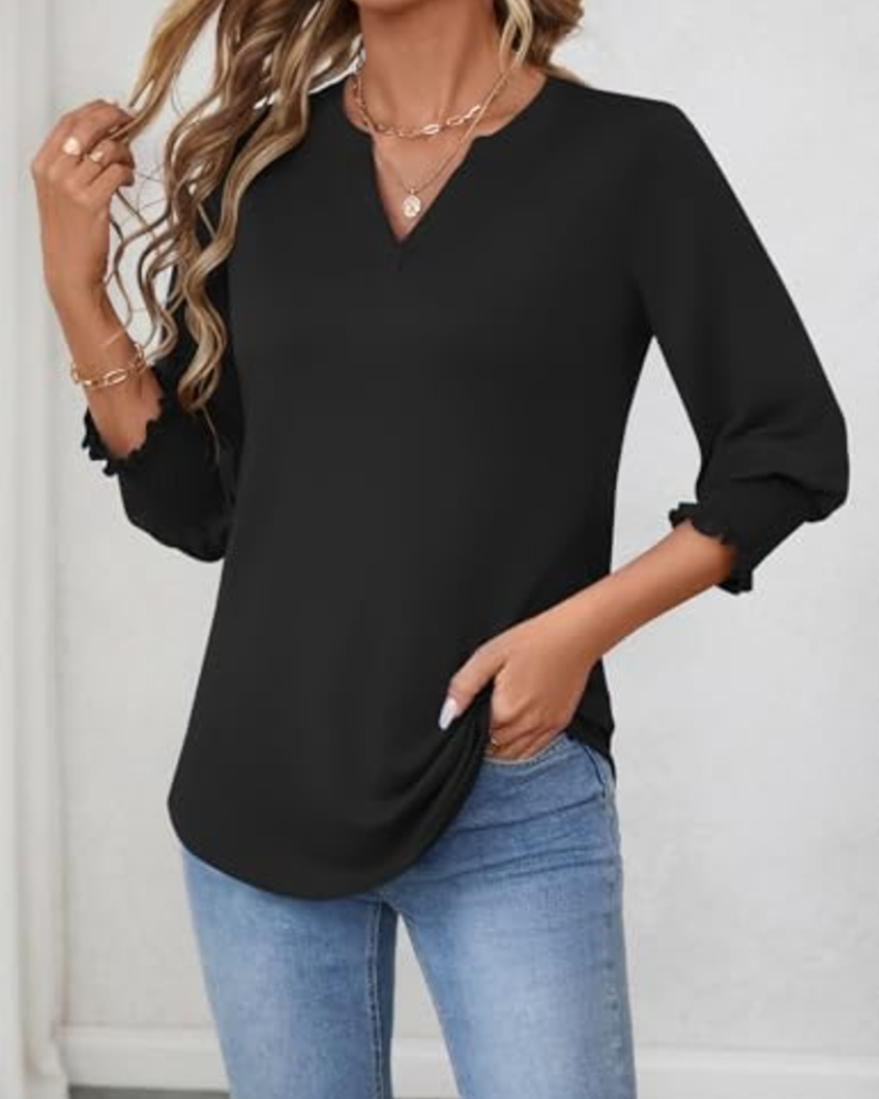 Tessa Camiseta de mujer – Escote en V, mangas 3/4 y corte babydoll holgado