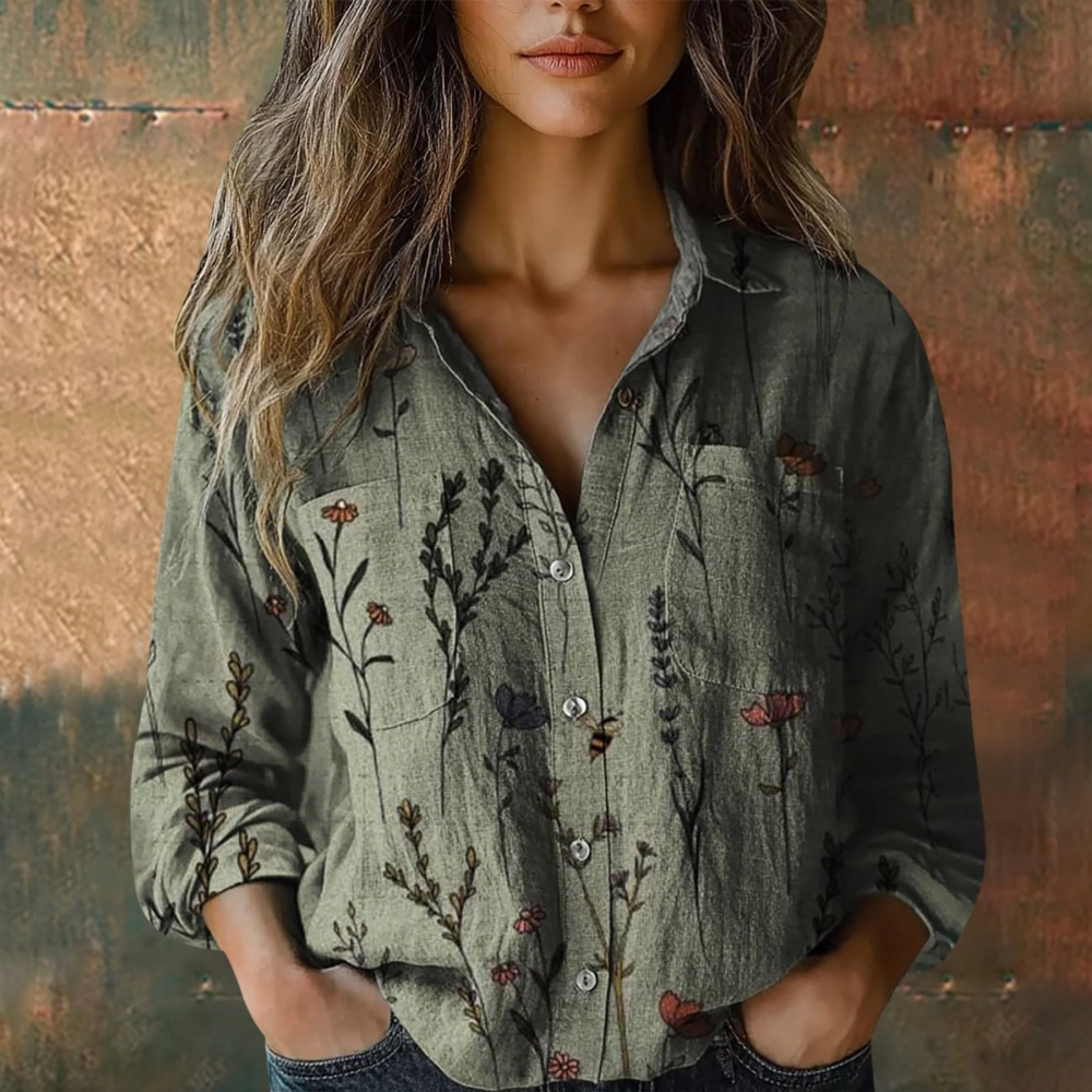 Georgiana Camicia Donna Floreale – Lino, Scollo a V, Bottoni e Maniche Lunghe