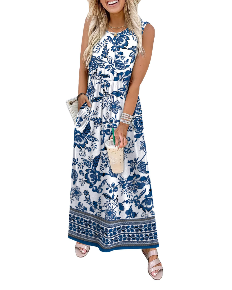 Presley Women’s Maxi Dress – A-Line, Crew Neck, Sleeveless and Pockets