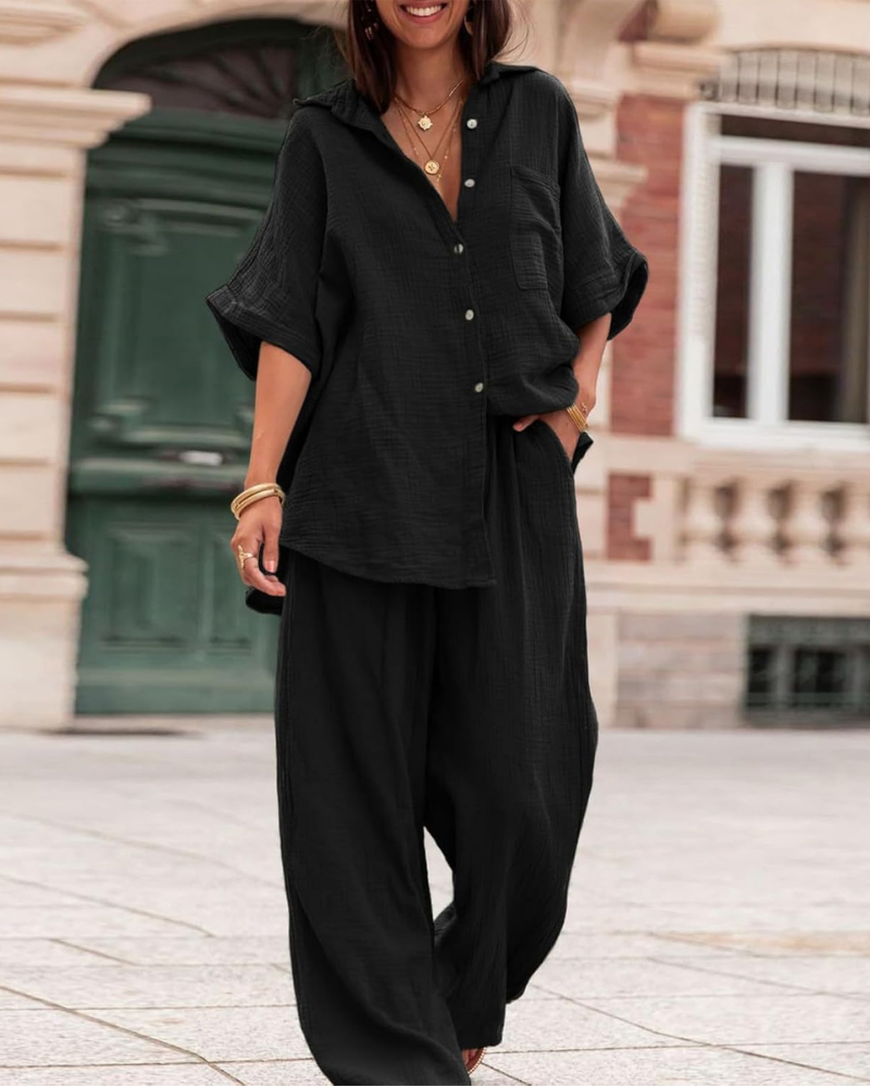 Imogen Completo Donna Estivo – Camicia con Bottoni e Pantaloni Palazzo con Tasche