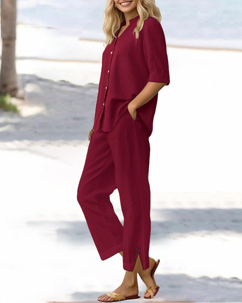 Estelle Completo Donna in Lino – T-Shirt e Pantaloni Larghi con Vita Elasticizzata