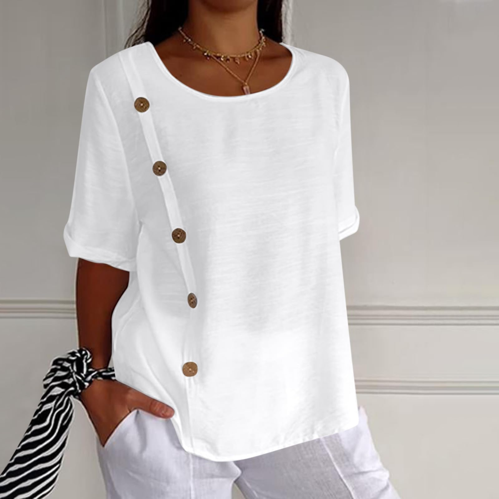 Henrietta Women's Floral Blouse – Cotton-Linen Blend, Short Sleeves and Loose Fit