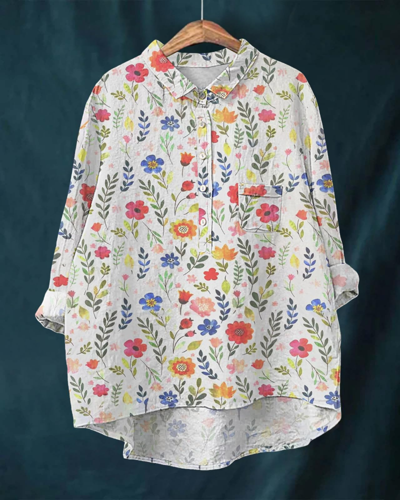 Cămașă de damă pentru persoane cu forme – Bumbac și in, imprimeu floral, nasturi și mâneci lungi