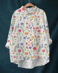 Cămașă de damă pentru persoane cu forme – Bumbac și in, imprimeu floral, nasturi și mâneci lungi