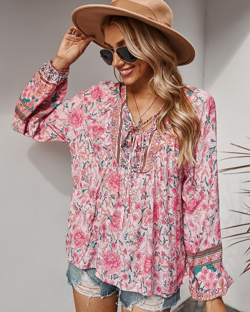 Evelyn Blouse Femme Bohème – Imprimé Floral, Col en V et Manches Bouffantes