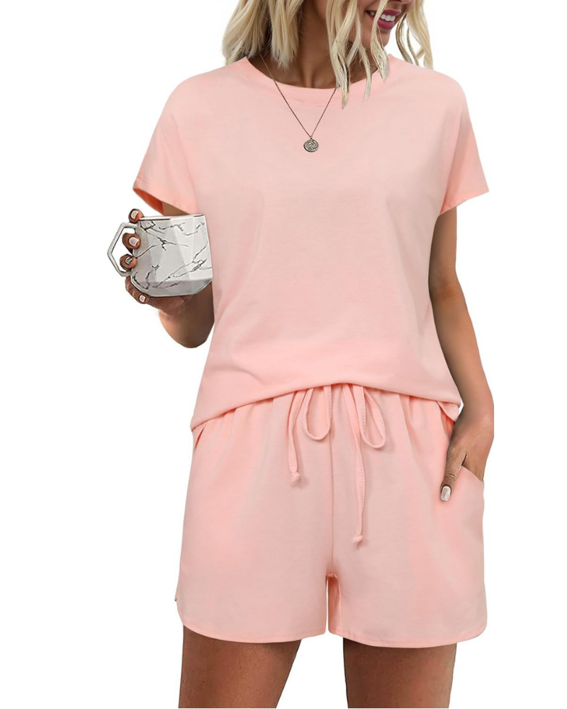 Sadie Damen-Sommerpyjama – Baumwollset mit T-Shirt und Shorts mit Kordelzug