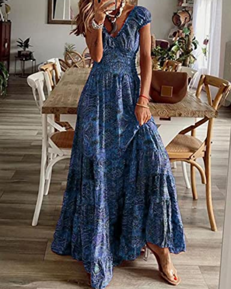 Keira Women's Maxi Dress – Boho Floral Print, V-Neck and Elasticated Waist