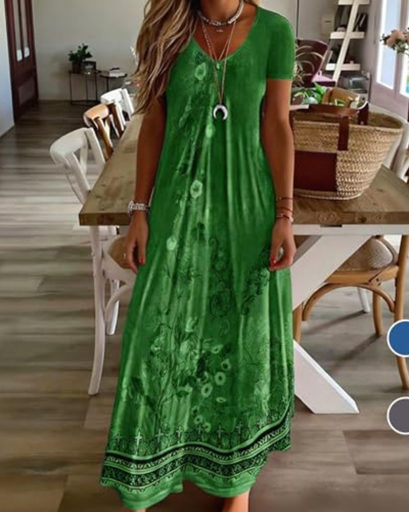 Rosalie Abito Maxi Donna – Scollo a V, Maniche Corte, Tessuto Elasticizzato e Stile Resort