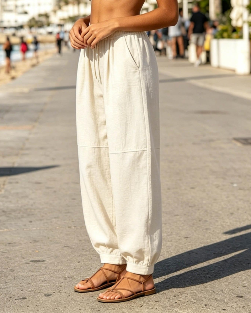 Pantalon jogger pour femme Madison – Lin, taille élastiquée, poignets et poches latérales