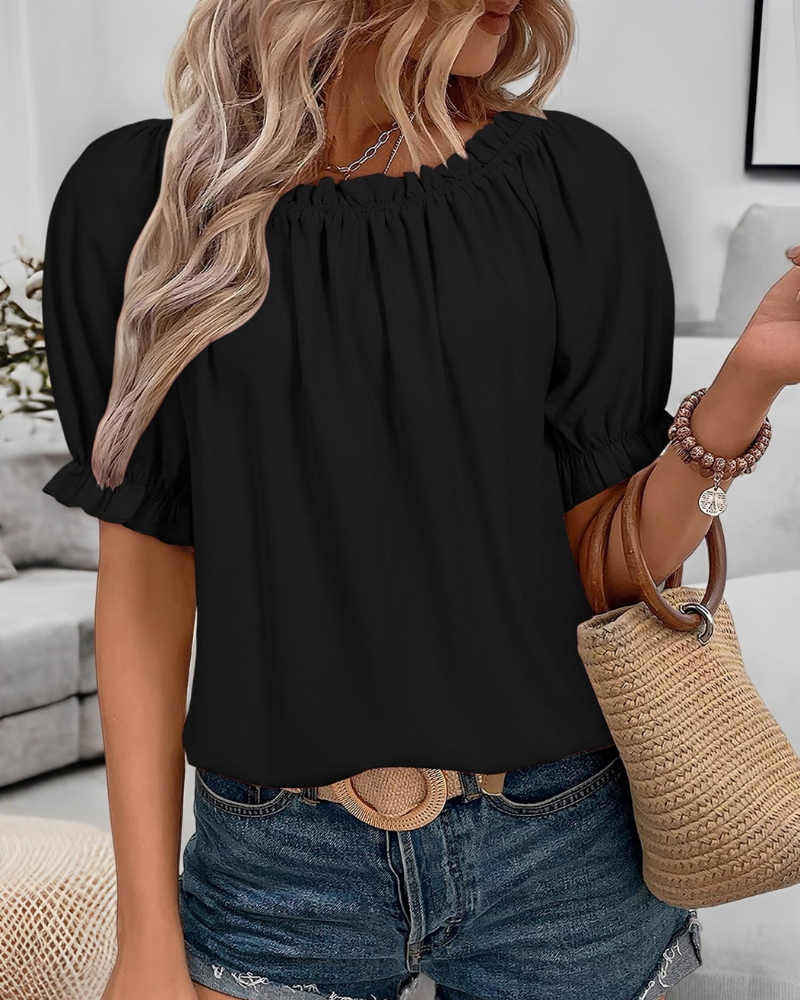 Felicity Blusa de mujer de gasa – Hombros descubiertos, volantes y mangas cortas