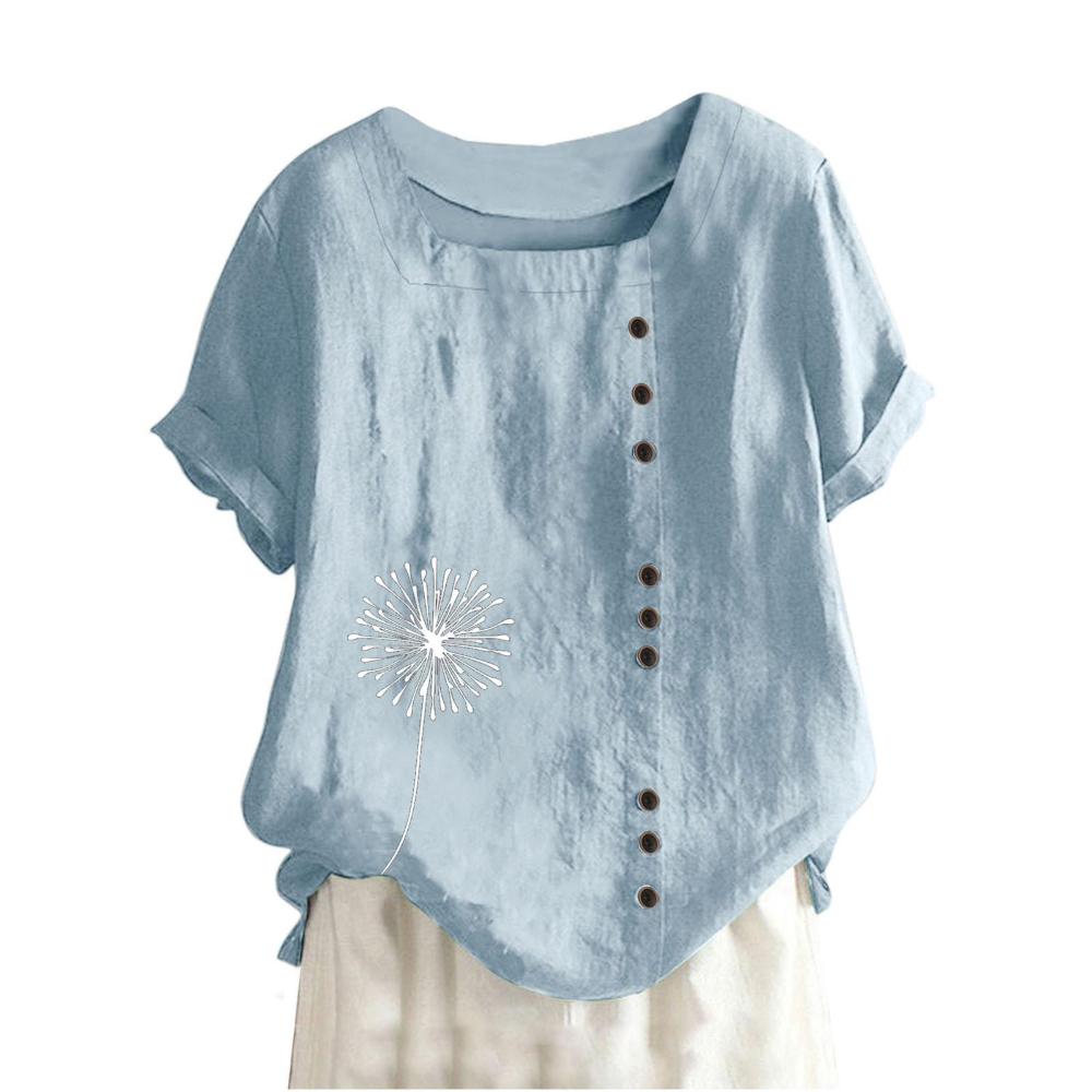 Elaine Camiseta de mujer de verano – Algodón y lino, estampado floral y corte holgado