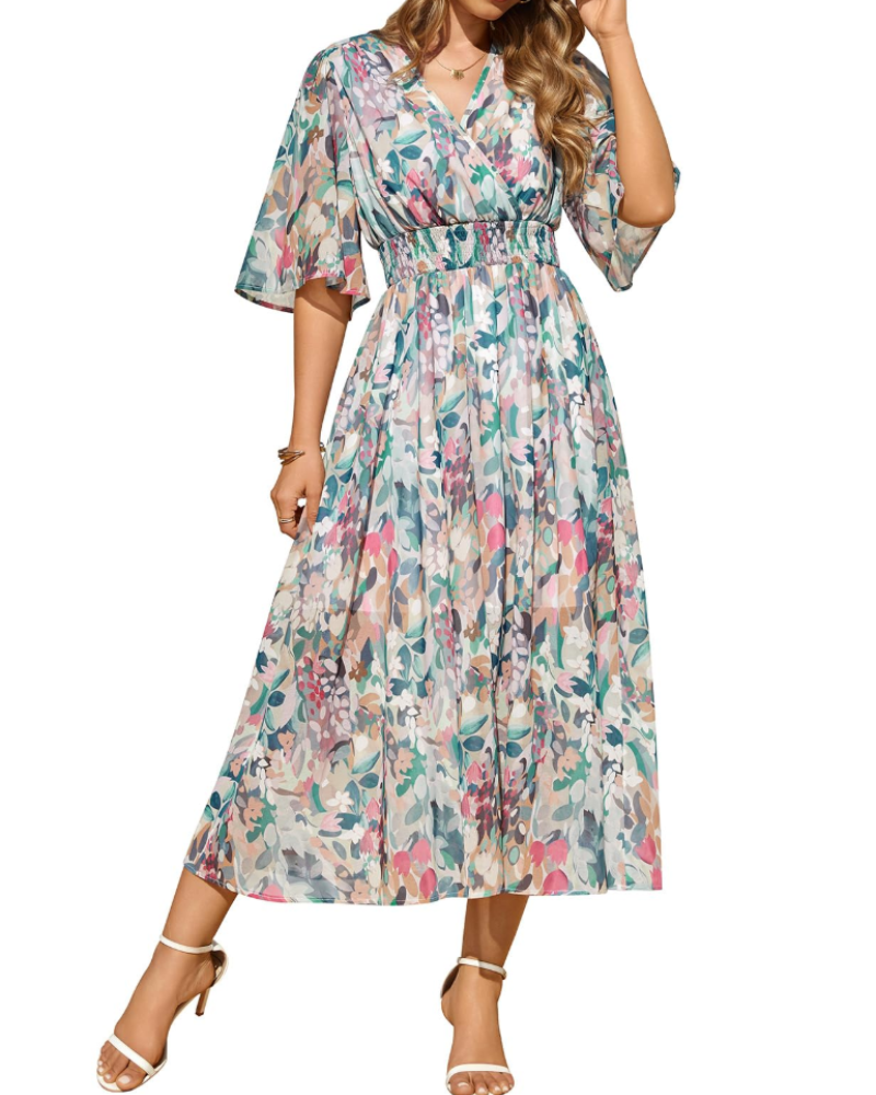Vestido largo Cambria para mujer con estampado floral: escote en V, cintura elástica y mangas cortas