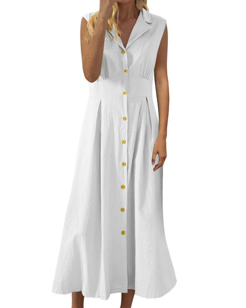 Women’s Summer Dress – Cotton and Linen, Sleeveless, Button-Down, Boho Style