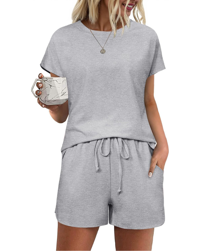 Sadie Damen-Sommerpyjama – Baumwollset mit T-Shirt und Shorts mit Kordelzug