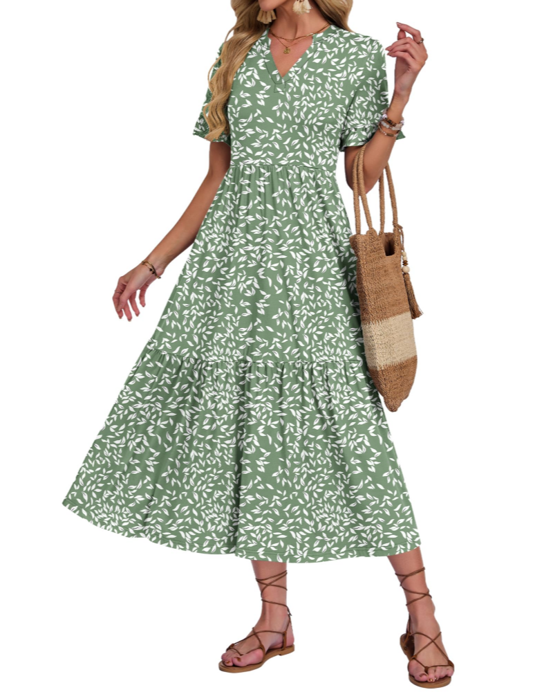 Tatum Women’s Long Dress – V-Neck, Ruffled Sleeves, Tiered Layers and Side Pockets