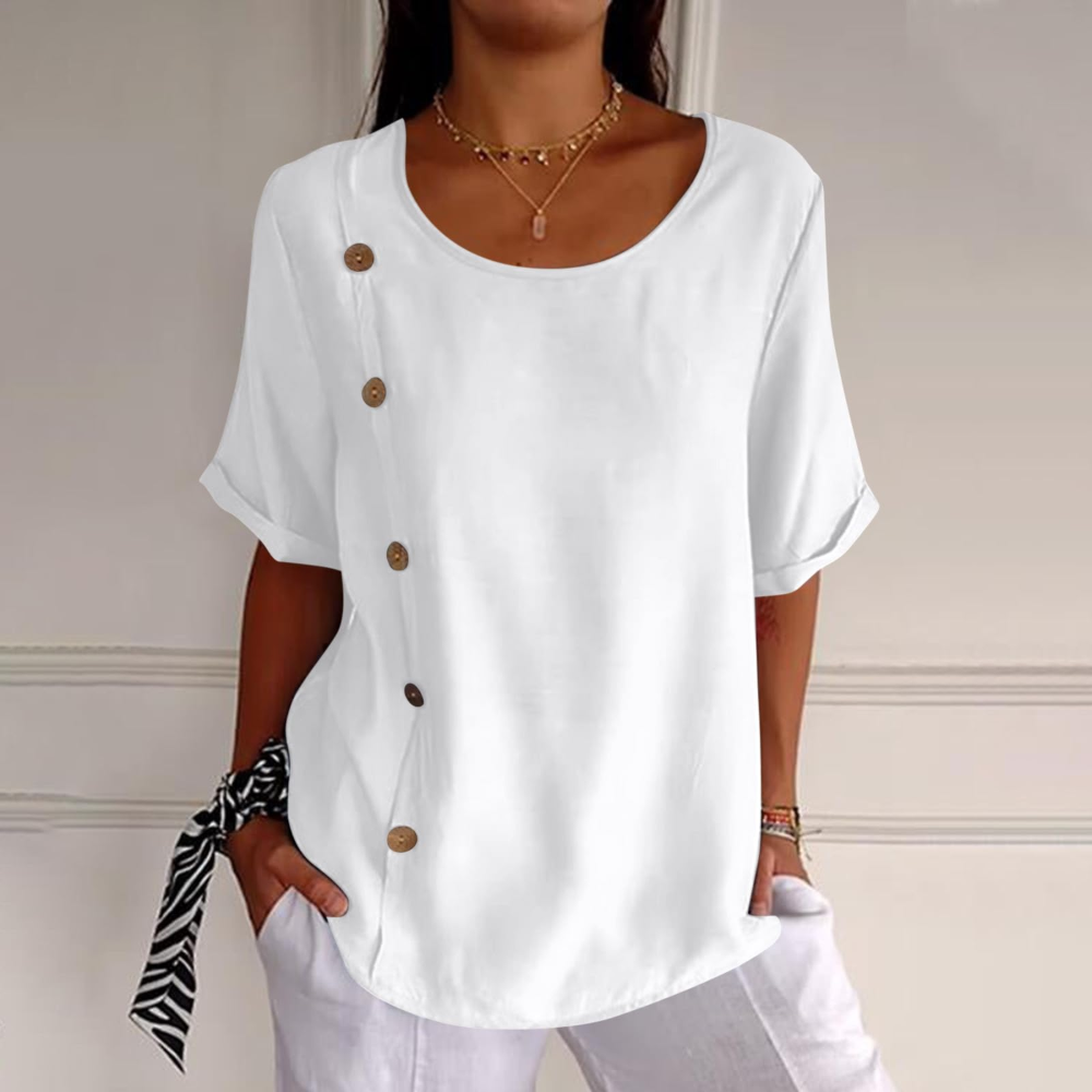 Henrietta Women's Floral Blouse – Cotton-Linen Blend, Short Sleeves and Loose Fit
