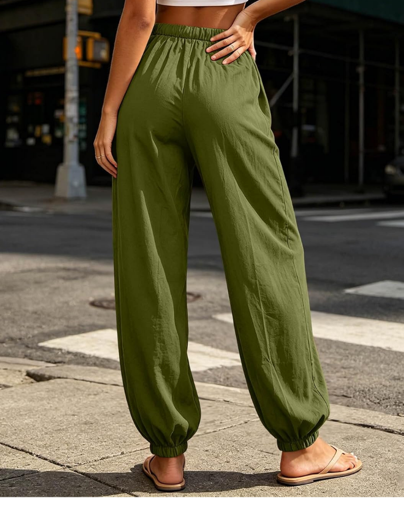 Nicole Pantaloni Harem Donna – Cotone Lino, Vita con Coulisse e Tasche Laterali
