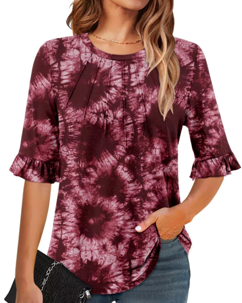 Audrey Dámská halenka – 3/4 rukávy s volánem, kulatý výstřih a elegantní přední záhyby
