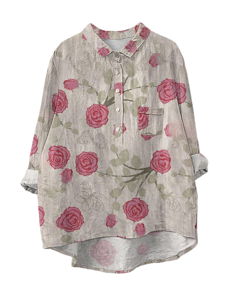 Camisa de mujer curvy Judith – Algodón y lino, estampado floral, botones y mangas largas
