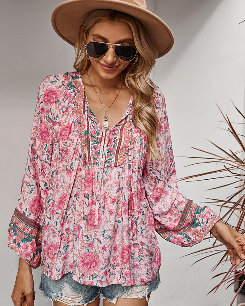 Evelyn Blouse Femme Bohème – Imprimé Floral, Col en V et Manches Bouffantes