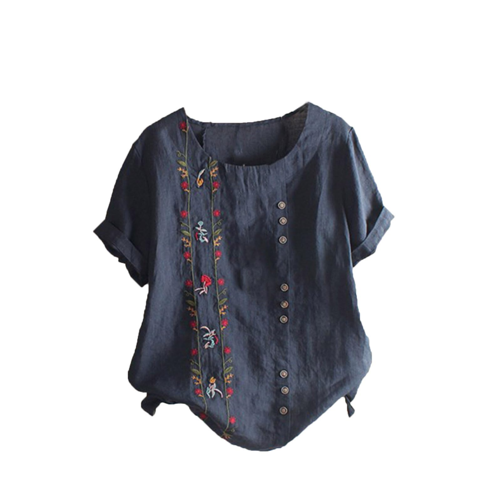 Florence Women’s Cotton and Linen Top – Short Sleeves, Front Buttons, and Breathable Tunic