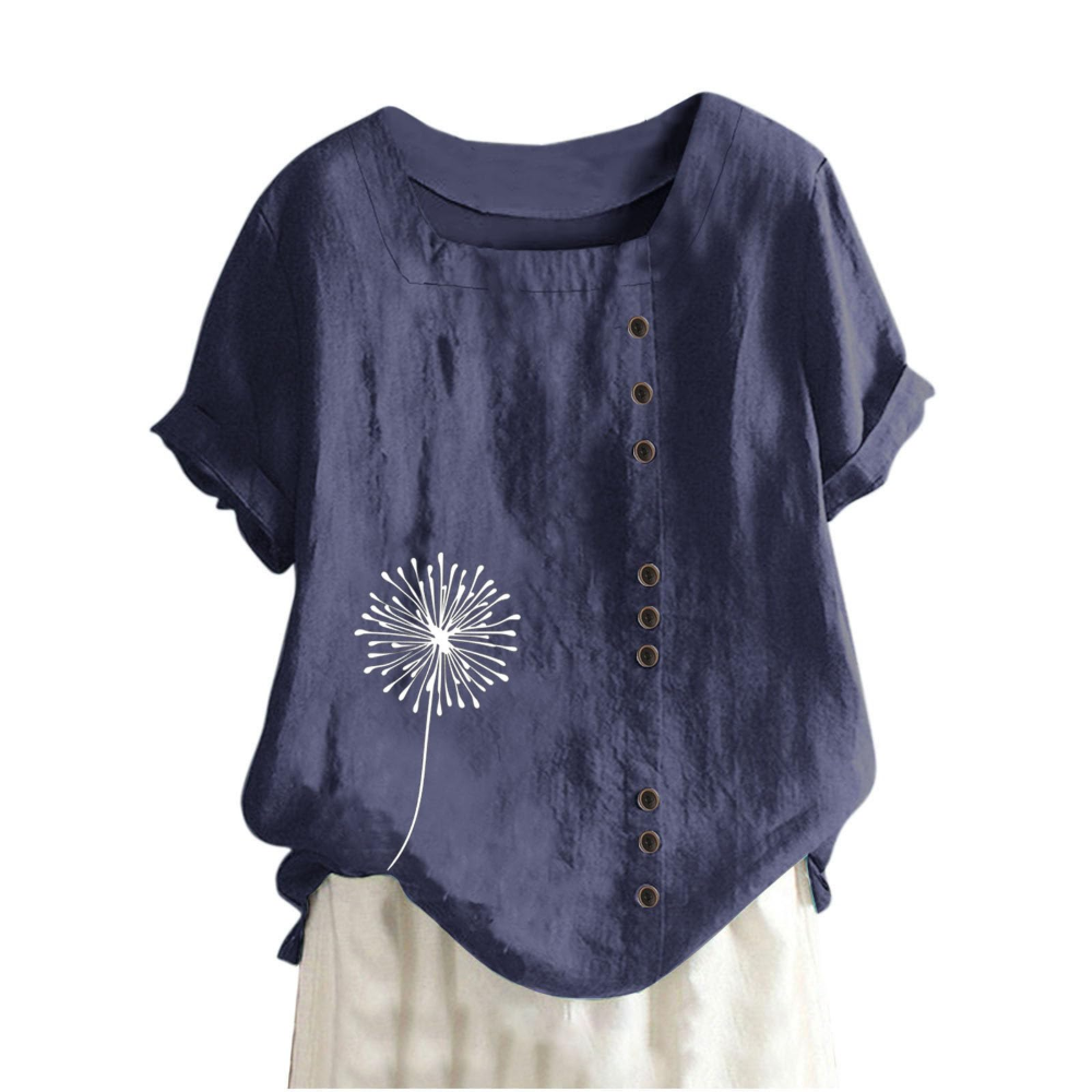 Elaine Camiseta de mujer de verano – Algodón y lino, estampado floral y corte holgado
