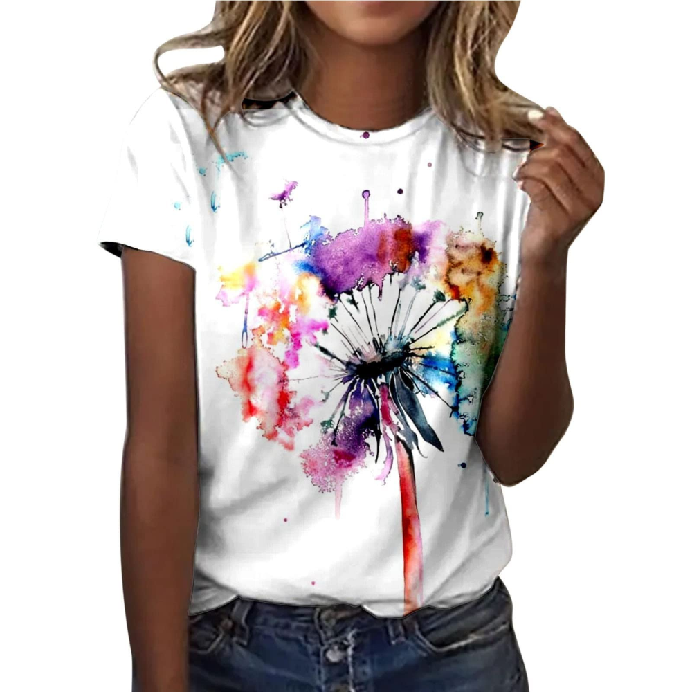Damski letni T-shirt Colleen – kwiatowy nadruk, okrągły dekolt i krótkie rękawy