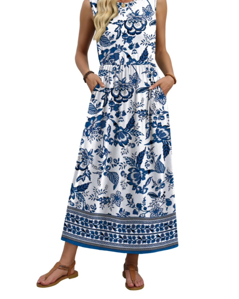 Presley Women’s Maxi Dress – A-Line, Crew Neck, Sleeveless and Pockets