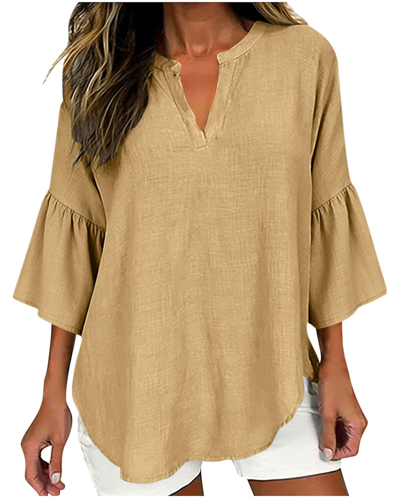 Miranda Blusa para mujer – Algodón y lino, escote en V, botones y corte oversize